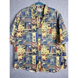Vintage Y2K/90s Crossing Hawaiian Shirt Yellow Blue Geo Tropical Fish Print 2XL